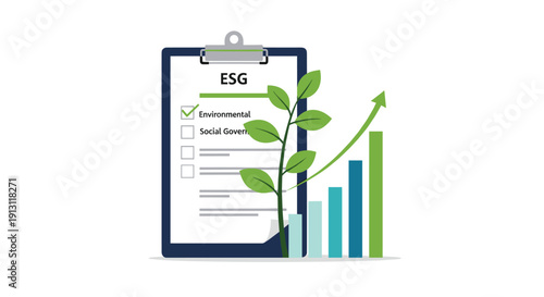An ESG checklist on a clipboard with a plant growing beside an increasing bar graph, Generative AI.
