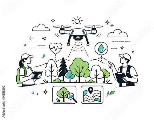 Drones used for environmental conservation. A calm editorial scene showing a drone flying above a forest, monitoring tree health and land
