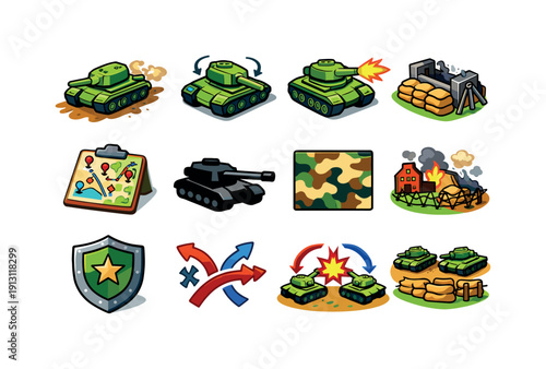 Tank warfare. Colorful isometric vector icons set of tank warfare: tank advance, rotating turret, firing position, defensive armor,