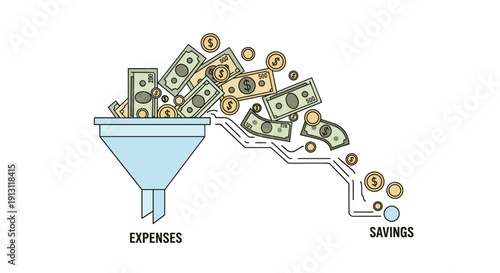 Banknotes and coins pour into a blue funnel labeled expenses flowing through a winding path to savings destination, Generative AI.