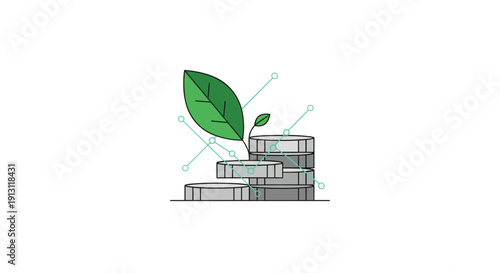 A green plant sprouts from a stack of silver coins with blue digital lines radiating around on a white background, Generative AI.
