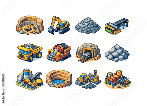 Mining and quarry. Colorful isometric vector icons set of mining and quarry: stone quarry, excavator, crushed rock pile, conveyor belt,