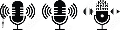 Minimalist Microphone Icon Set with Podcast Streaming Voice Recording and Audio Sound Wave Symbols Isolated
