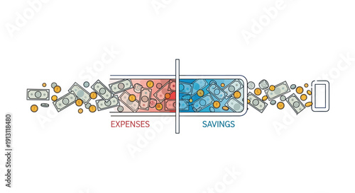 Banknotes and coins flow from red expenses section to blue savings section inside a transparent tube ending in a phone, Generative AI.