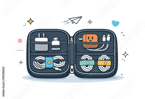 Compact Travel Cable Pouch. Travel cable pouch. Compact fabric pouch with mesh pockets holding chargers, adapters, and cable organizers, soft shadows and