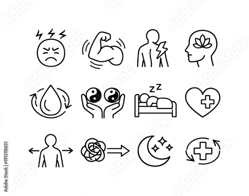 Relaxation benefits. Line icon set of Relaxation benefits: stress relief symbol, muscle relaxation, pain relief icon, calm mind head,