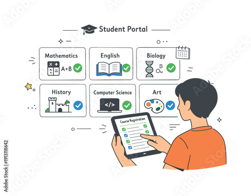 Course Registration Portal. Student portal course registration. Student selecting courses on a tablet, simple cards with subjects and checkmarks arranged