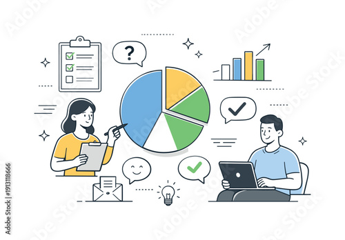 Survey insights dashboard. A calm editorial scene showing pie charts, checkmarks, and question icons summarizing poll responses.
