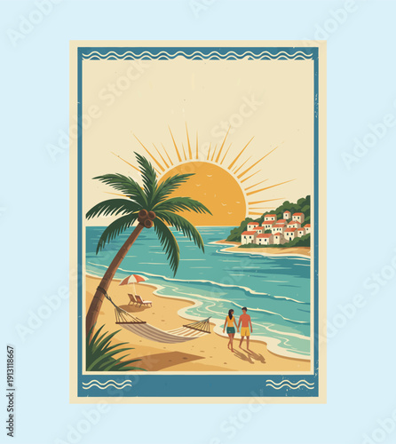 Retro beach sunset illustration with palm tree and ocean view