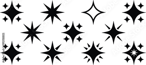Solid Sparkle and Twinkle Star Icon Set for Magic Effects Cleaning Services and AI Enhancement Symbols Isolated