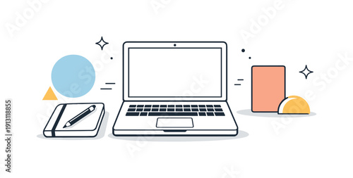 Minimalist workspace concept. Simplified desk setup with only essential items, focused and distraction-free mood. Laptop, notebook, and