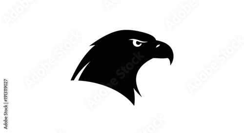 Black eagle head silhouette with sharp beak and piercing gaze on white background symbolizing power and freedom