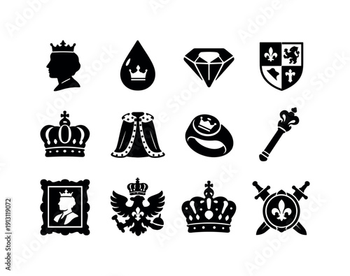 Noble Heir Icons. Heir. Solid icon set of nobility and lineage: noble profile, royal blood drop, crown jewel, heraldic shield, dynasty crown, noble robe,