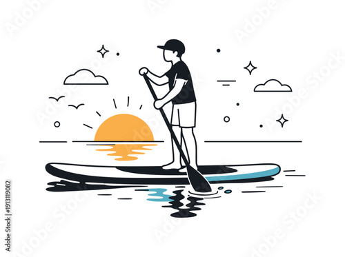 Paddleboarding at sunrise. Editorial scene with paddleboard, reflective water surface, and low sun just above the horizon. Tranquil outdoor