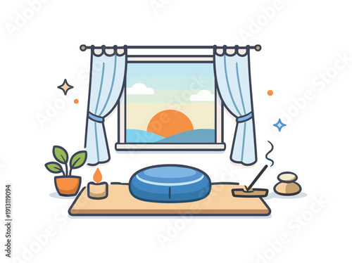 Zen-inspired home sanctuary featuring a window with gentle sunlight, sheer curtains and a meditation mat suggesting mindful mornings and