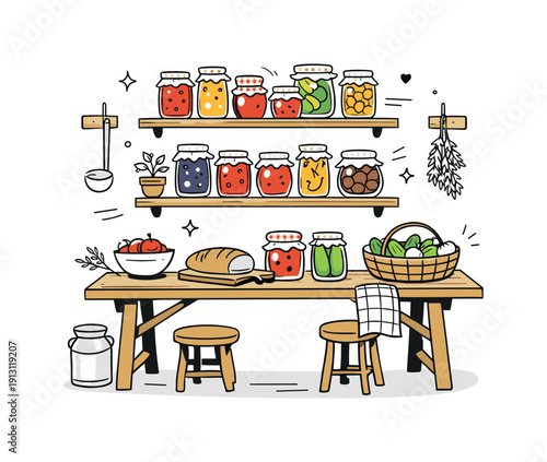 Country kitchen interior. A farmhouse table and shelves stocked with colorful preserves in jars. Warm editorial scene showing rural lifestyle