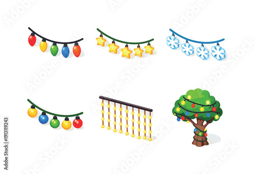 Festive Lights Icons. FestiveLights. Isometric flat vector icons set of FestiveLights: colorful bulb string, star-shaped lights, snowflake light string, globe