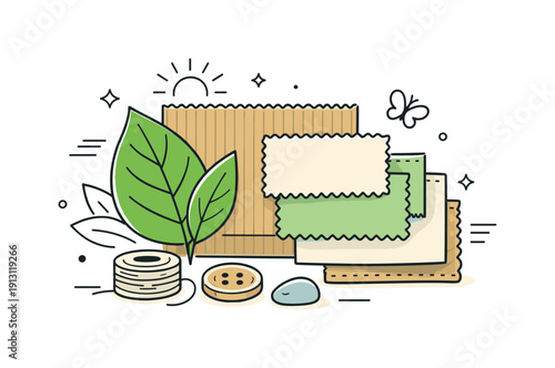 Inspirational design with ecology materials trend. Eco-friendly materials like leaves, cardboard, and fabric samples arranged into