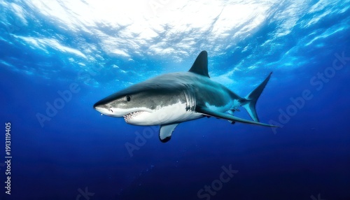 Wallpaper Mural Majestic Great White Shark Swimming Gracefully in Deep Blue Ocean. Torontodigital.ca