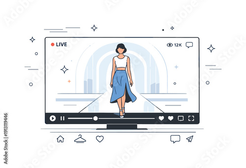 Virtual Fashion Show. Digital fashion runway. Online fashion show streamed on a screen with a model walking on a virtual catwalk. Modern fashion technology,