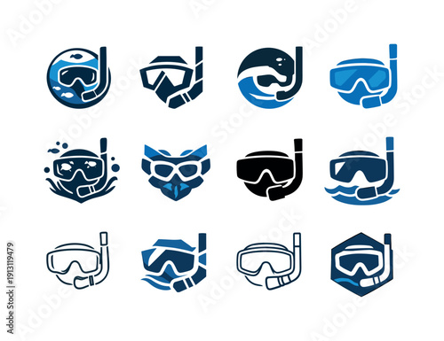 Snorkeling Logo Variations. Snorkeling. Icon set. Set Logo of snorkeling: underwater exploration. harmonious logo variations of the same emblematic concept,