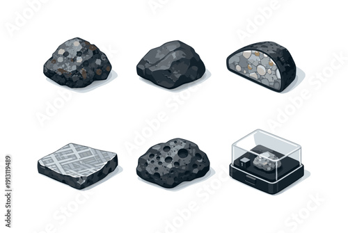 Space Rock Icons. Space Rock Sample. Isometric flat vector icons set of Space Rock Sample: meteorite specimen, dark crusted rock, cut cross-section meteorite,