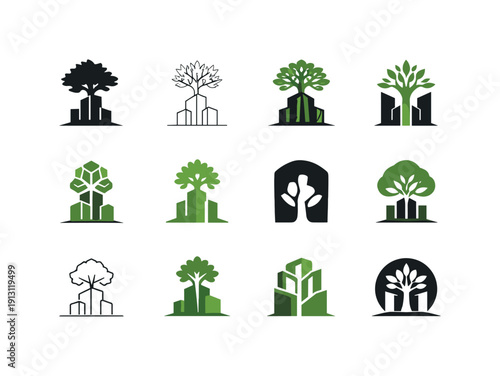    Biophilic design. Icon set. Set Logo of biophilic design: tree growing from building. harmonious logo variations of the same emblematic