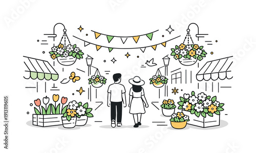 Street festival flowers. Fresh spring floral arrangements and hanging baskets line a pedestrian street, abstract stars and dots emphasizing