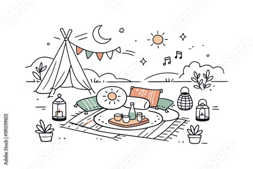 Outdoor boho setting. A relaxed outdoor scene with rugs, lanterns and cushions under soft light. Free-spirited mood, nature connection and