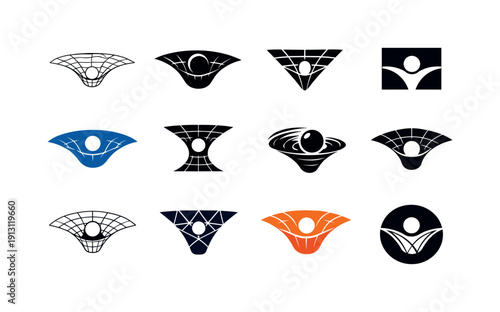 The role of gravity in space and astrophysics. Icon set. Set Logo of the role of gravity in space and astrophysics: curved spacetime grid.