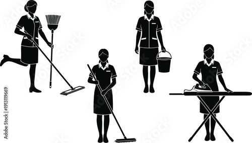 Housekeeping Maid Silhouettes Collection Showing Cleaning Service Staff with Mop, Broom, Bucket and Ironing Board Vector Illustration