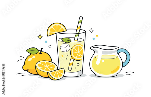 Refreshing Lemonade Scene. Lemonade props. A glass of lemonade placed next to lemons and a small jug, forming a clean and balanced composition. The mood is