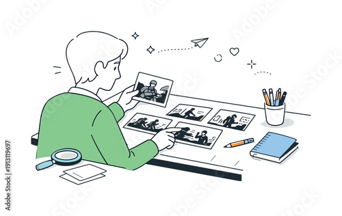 Photo Editor at Work. Photojournalism and memory. Editor reviewing conflict photographs on a light table, selecting images for publication. Focused, respectful