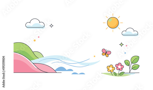 Spring video background light seasonal atmosphere built around flowing abstract shapes, soft clouds, and subtle sun elements, creating a calm