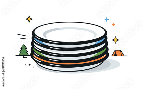 Enamel Plates Display. Enamel plates set. A neat stack of enamel plates arranged on a clean surface, with soft shadows adding gentle depth. The scene feels