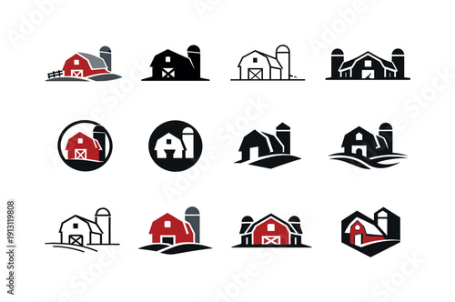 Old Barn. Icon set. Set Logo of Old Barn: countryside barn with silo. harmonious logo variations of the same emblematic concept, each with