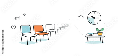 Quiet anticipation. A long empty waiting room with chairs fading into the distance, soft perspective lines. Editorial metaphor for time,