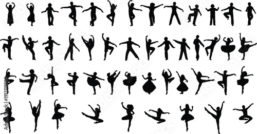 Dancing people silhouette collection, ballet dancer poses, modern jazz dance vector illustration, active male and female isolated on white background.
