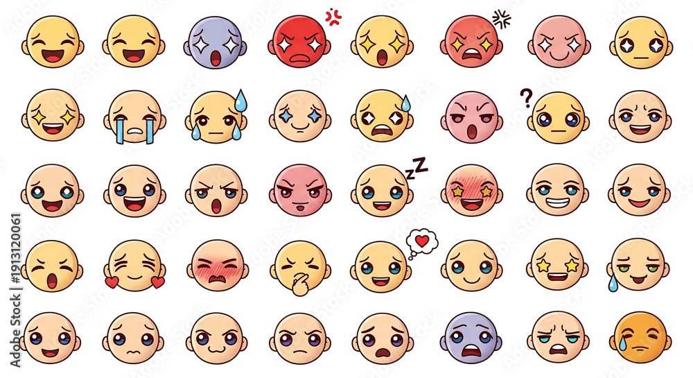 Fototapeta premium Cute Emoji Expression Set, Kawaii Cartoon Faces with Various Emotions, Flat Vector Illustration