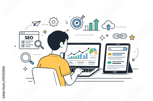 The evolution of search engines and SEO strategies. Person reviewing analytics dashboards and search results on a laptop and tablet. Focused