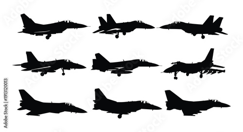 Silhouettes of fighter jets in various flight positions and angles