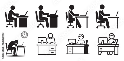 Modern office workspace line icons, people at work desks with plants. vector illustration eps 10