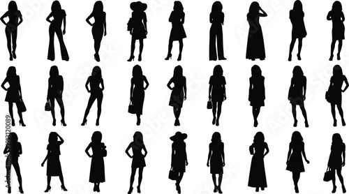 Fashion woman silhouette collection, female model posing in stylish dress and hat, girl vector illustration isolated on white background.