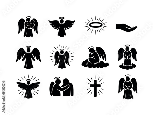 Guardian angel. Solid icon set of guardian angel: angel protector, shielding wings, halo glow, guiding hand, watchful figure, light aura,