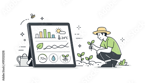 Organic farming technology. A tablet displaying crop data while a farmer observes plants nearby, combining nature and digital tools. Calm