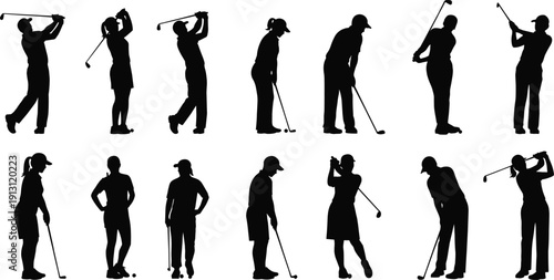 Golf player silhouette collection, male and female golfer swinging club, sport vector illustration set isolated on white background.