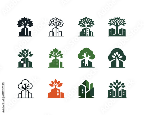    Biophilic design. Icon set. Set Logo of biophilic design: tree growing from building. harmonious logo variations of the same emblematic