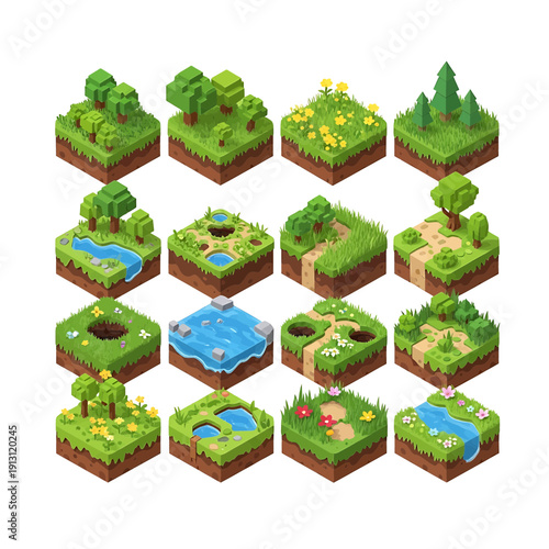 Isometric illustrations of diverse pixel-art landscapes with water and greenery elements