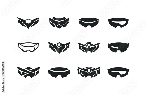 Techwear fashion and futuristic styles. Icon set. Set Logo of Techwear fashion and futuristic styles: augmented visor symbol. harmonious logo