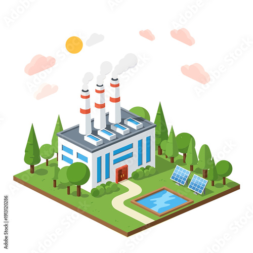 Isometric illustration of a hybrid energy power plant combining traditional and renewable sources